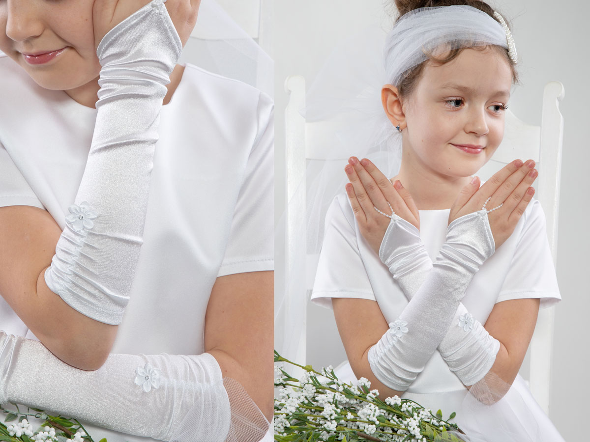 Długie rękawiczki na palec z białym kwiatkiem z kryształkiem NR5/D